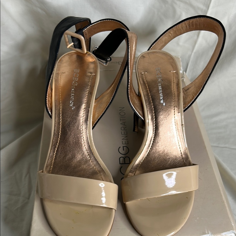 BCBGeneration Black and Cream Strappy Heels